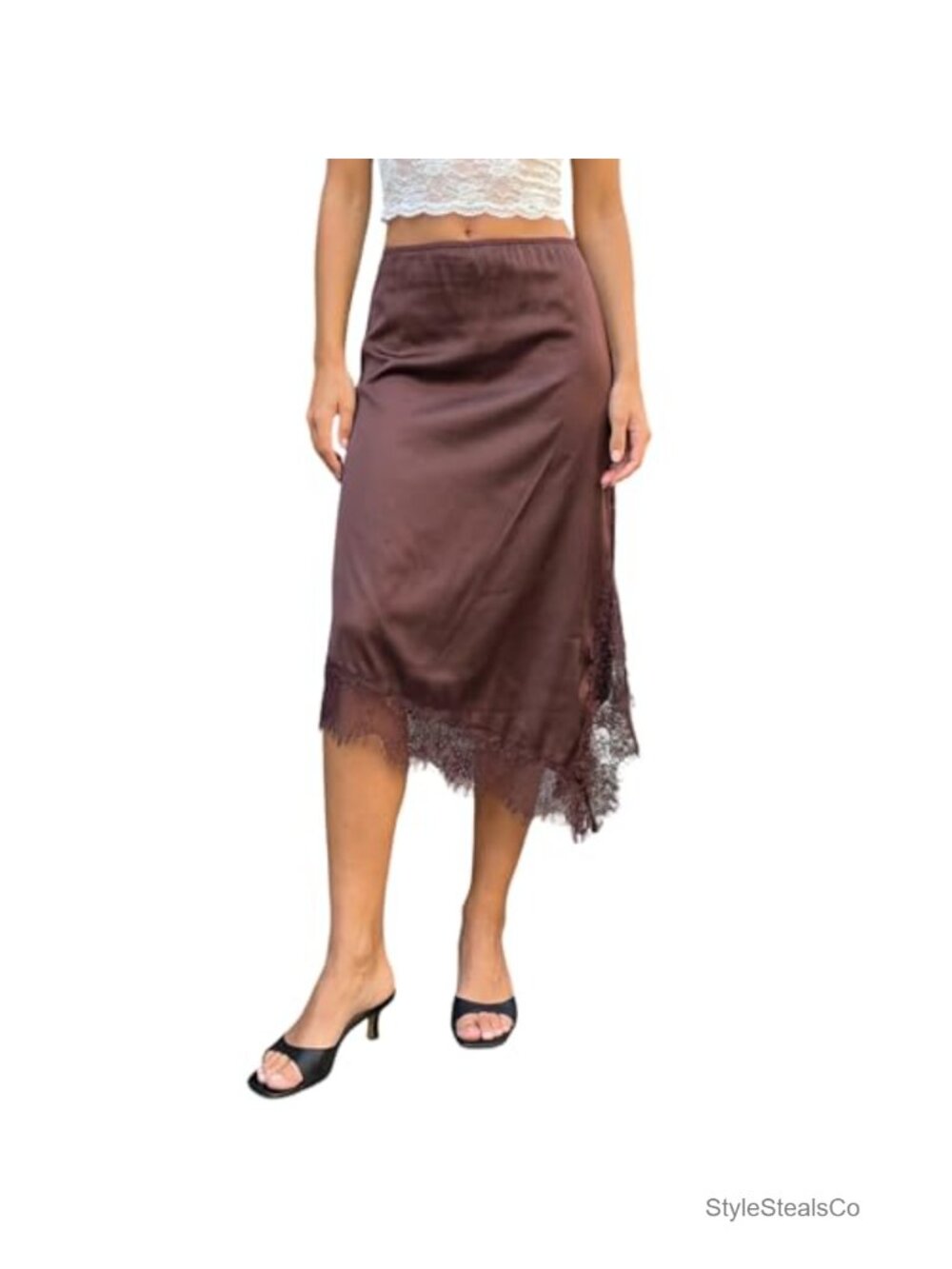 Women Silk Satin Half Slip Asymmetrical Lace Trim Midi Skirt Flowy